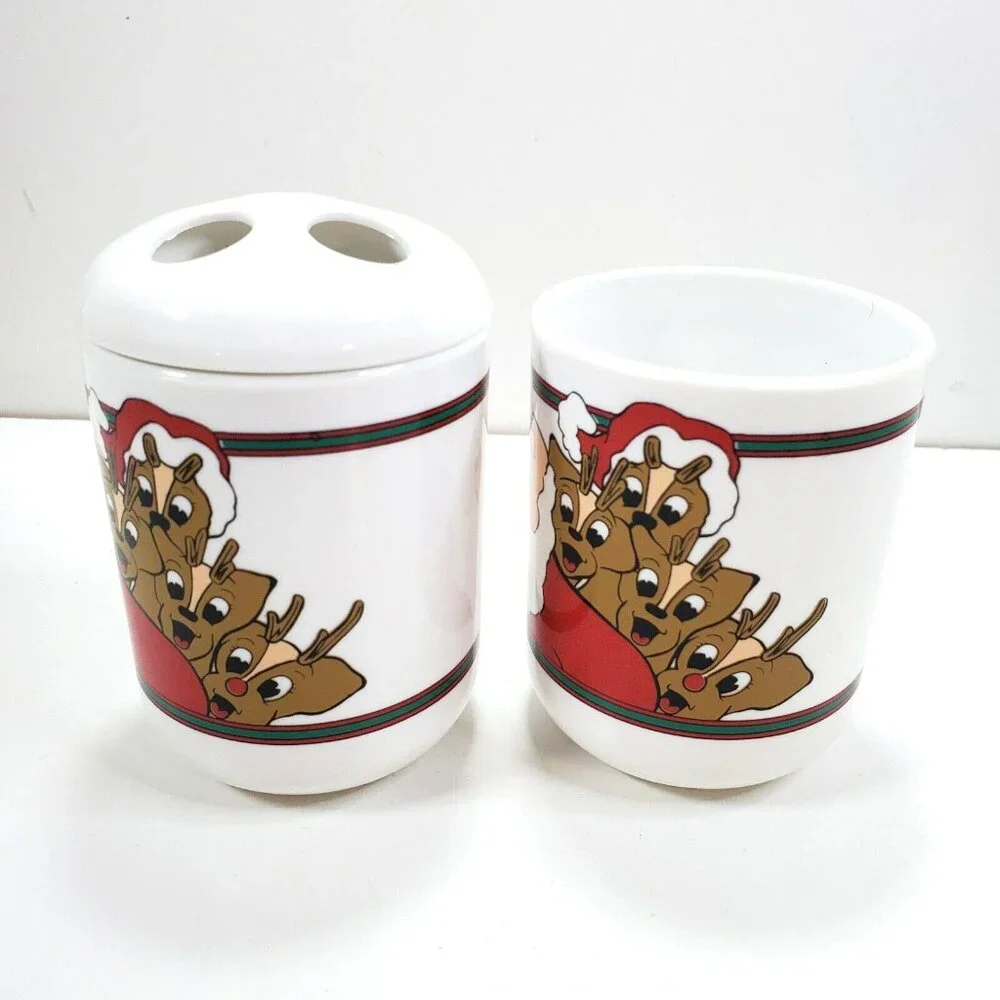 Vtg White Plastic Santa Claus Reindeer Christmas Bathroom Toothbrush Holder Cup